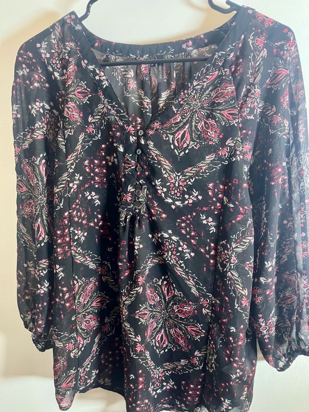 Maurices Medium Sheer Floral Blouse  Black Long Sleeve Boho Peasant Top Women’s